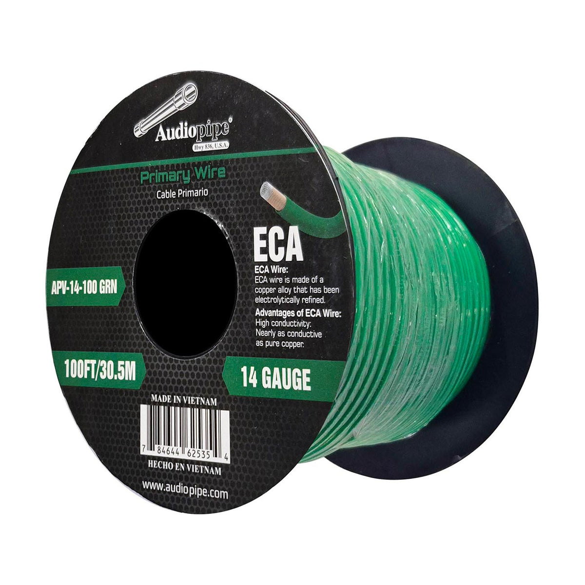 Audiopipe Flexible ECA Primary Wire 14 Gauge 100ft Spool – Green APV14100GRN