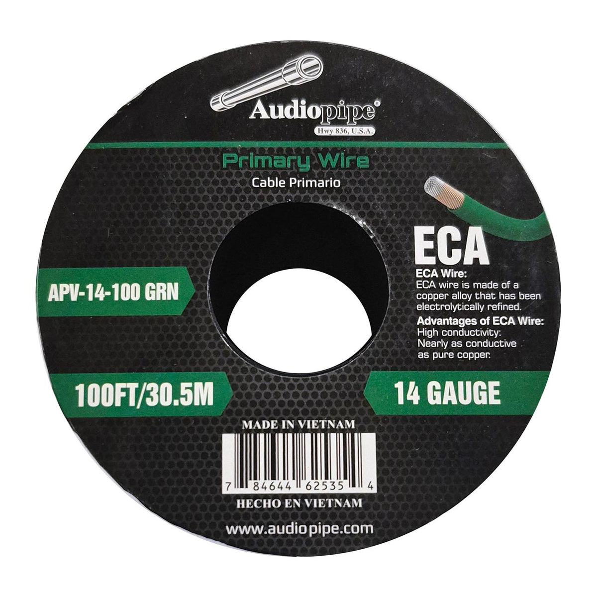 Audiopipe Flexible ECA Primary Wire 14 Gauge 100ft Spool – Green APV14100GRN