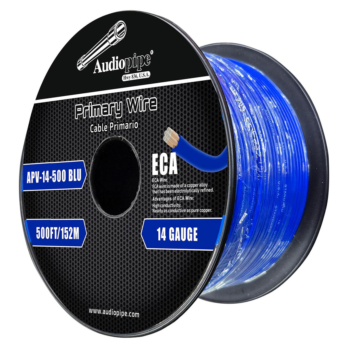 Audiopipe Flexible ECA Primary Cable 14 Gauge 500ft – Blue APV14500BLU