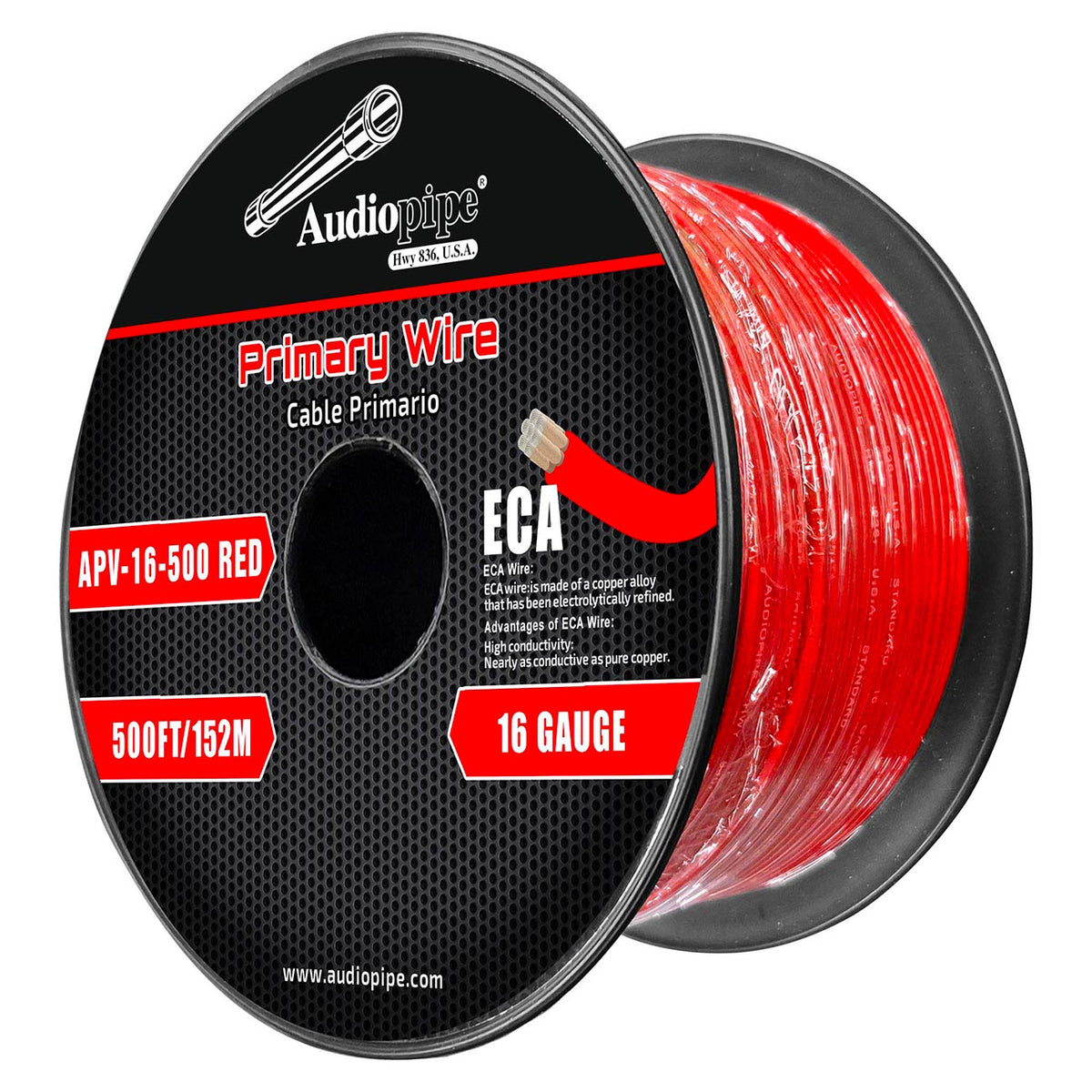 Audiopipe Flexible ECA Primary Cable 16 Gauge 500ft – Red APV16500RED