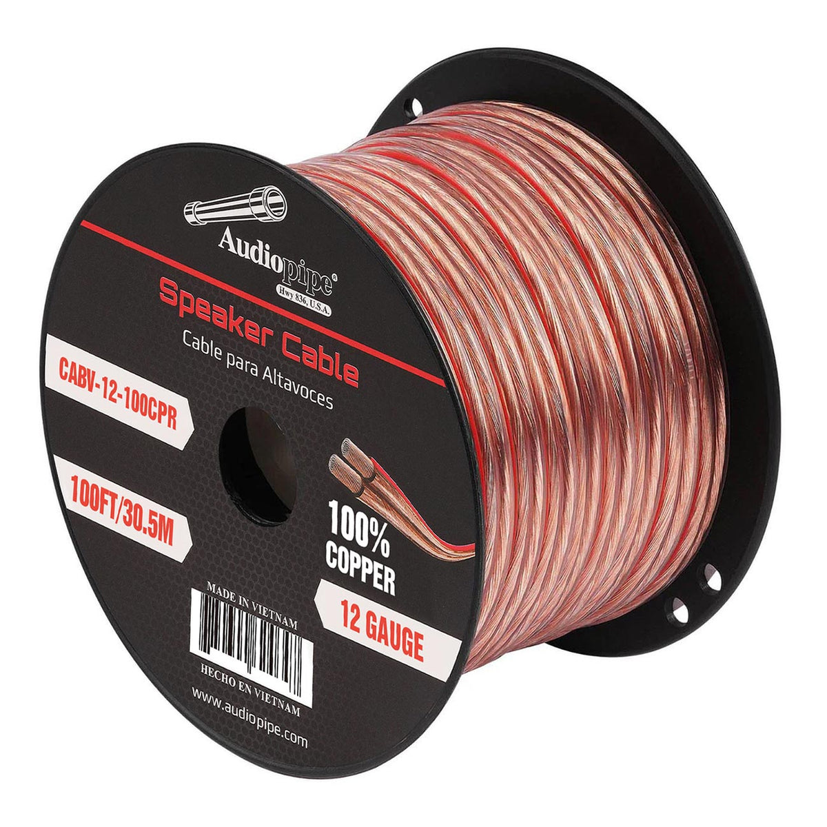 Audiopipe 100% Copper Speaker Wire 12 Gauge 100 Foot Roll – Clear PVC Jacket
