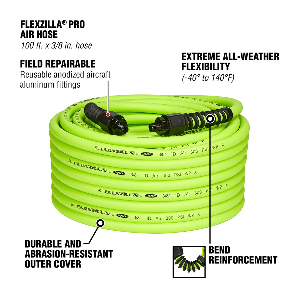 Flexzilla HFZP38100YW2 Pro Air Hose 3/8In X 100Ft 1/4In MNPT Fittings