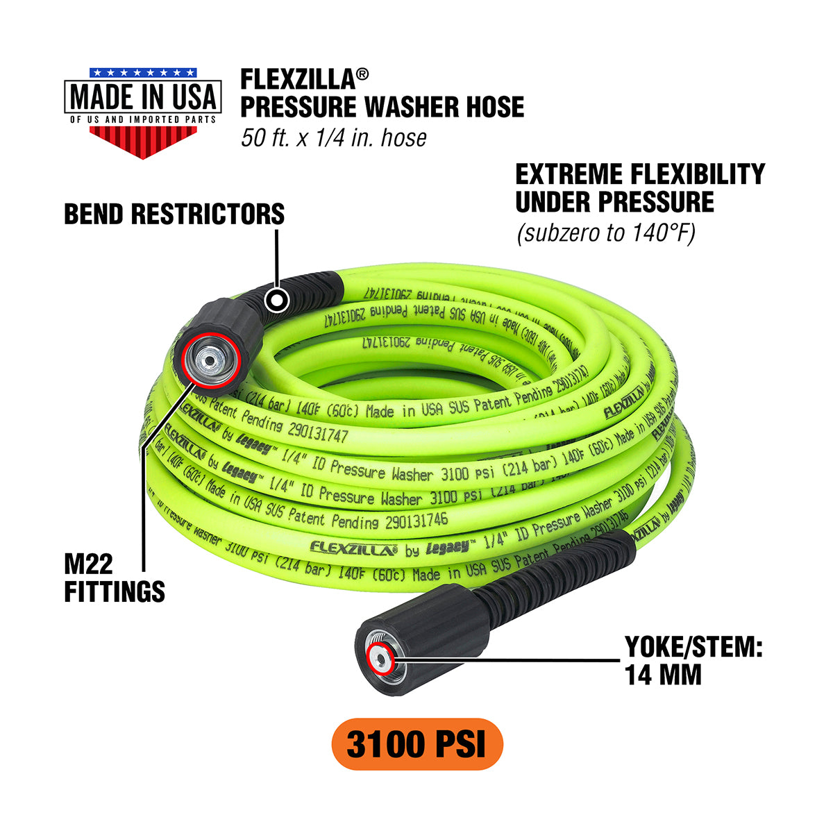 Flexzilla Pressure Washer Hose 1/4" x 50' with M22 Fittings HFZPW3450ME