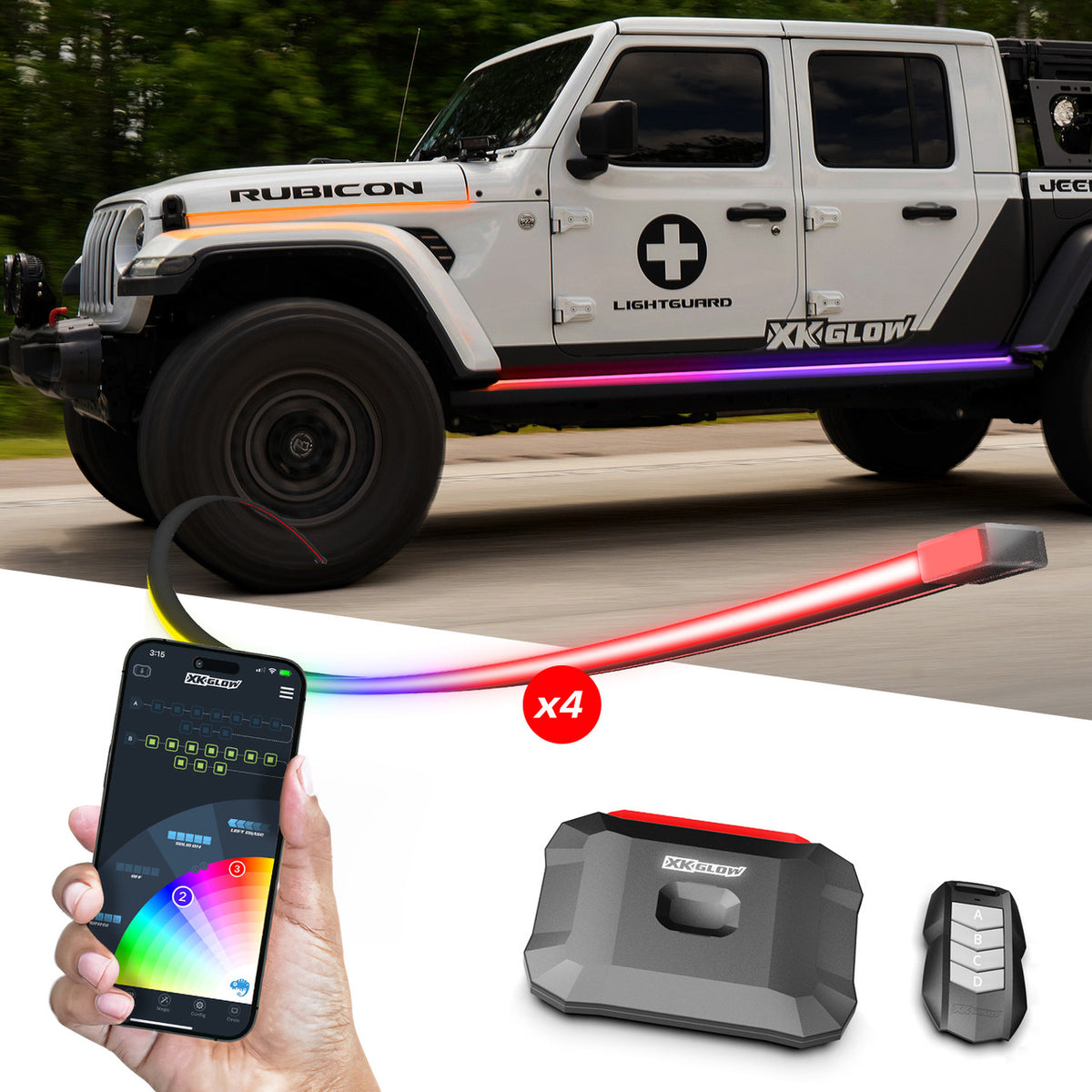 XKGlow (2) 60"+(2) 80" XKmax Atomix RGB LED Strip for Jeep (Hood+Running Board)