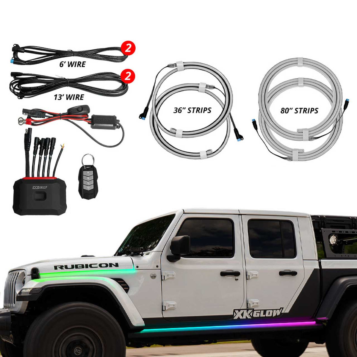 XKGlow (2) 60"+(2) 80" XKmax Atomix RGB LED Strip for Jeep (Hood+Running Board)
