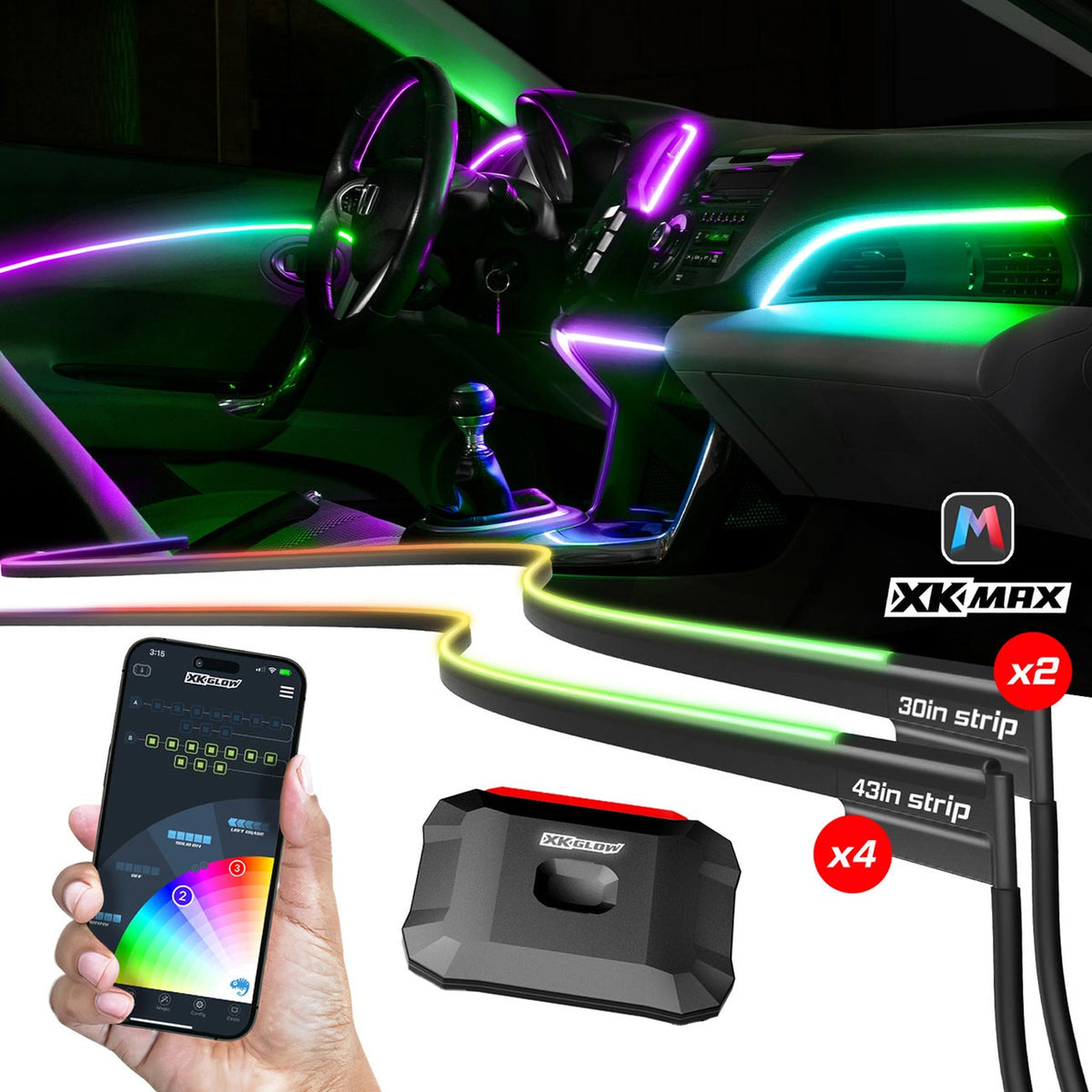 XKGlow XKmax 2x30in + 4x43in Fiber Interior Light Strip App Control Kit MXFOPRO