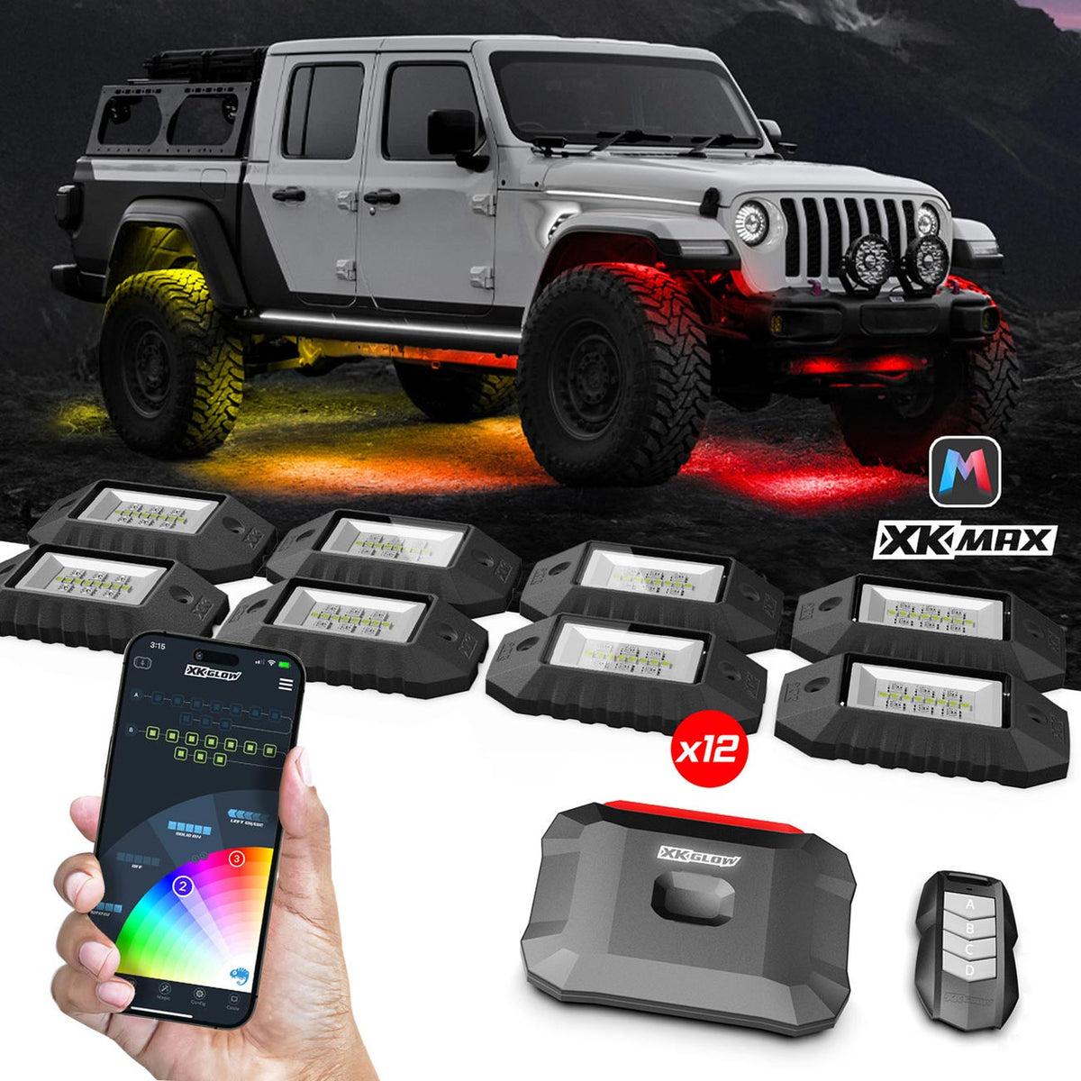 XKGlow XKmax RGBW Color Chasing LED App Control Rock Light Kit (12 Rock Pods)