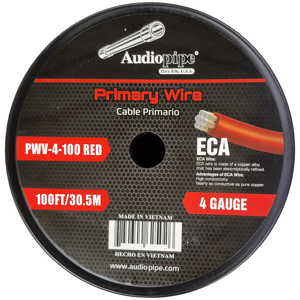 Audiopipe Flexible ECA Power Cable 4 Gauge 100 Foot - Red