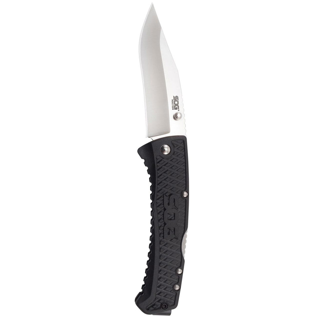 SOG Folding Knife 3.5" Clip Point Plain Blade Black GRN Handles TD1011CP