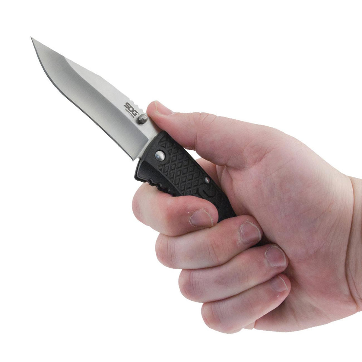 SOG Folding Knife 3.5" Clip Point Plain Blade Black GRN Handles TD1011CP
