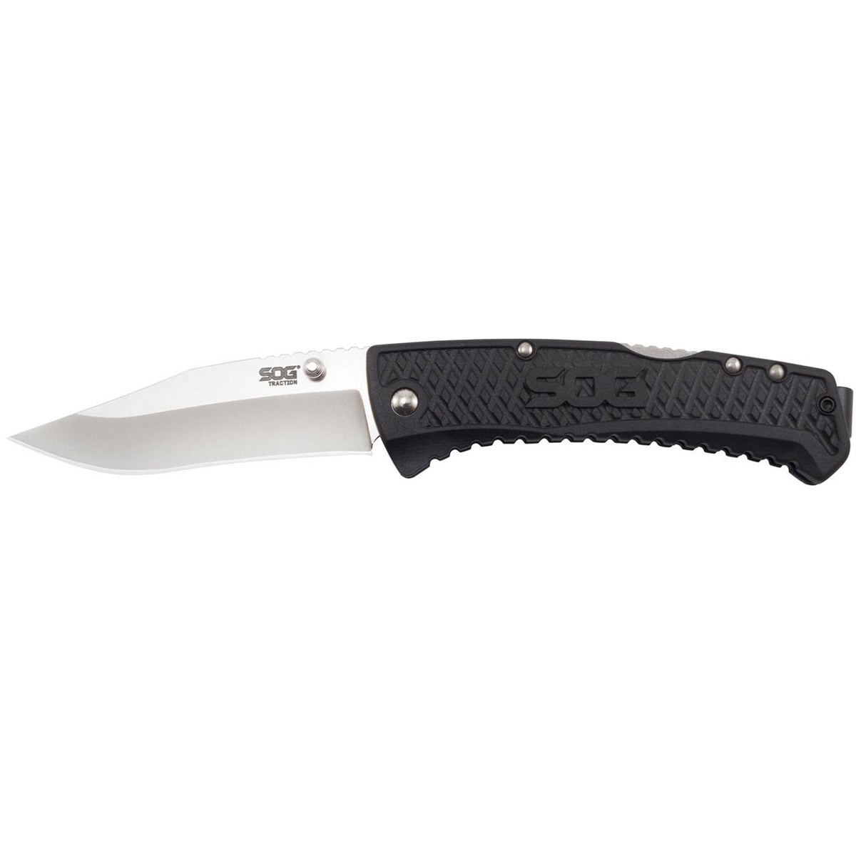 SOG Folding Knife 3.5" Clip Point Plain Blade Black GRN Handles TD1011CP