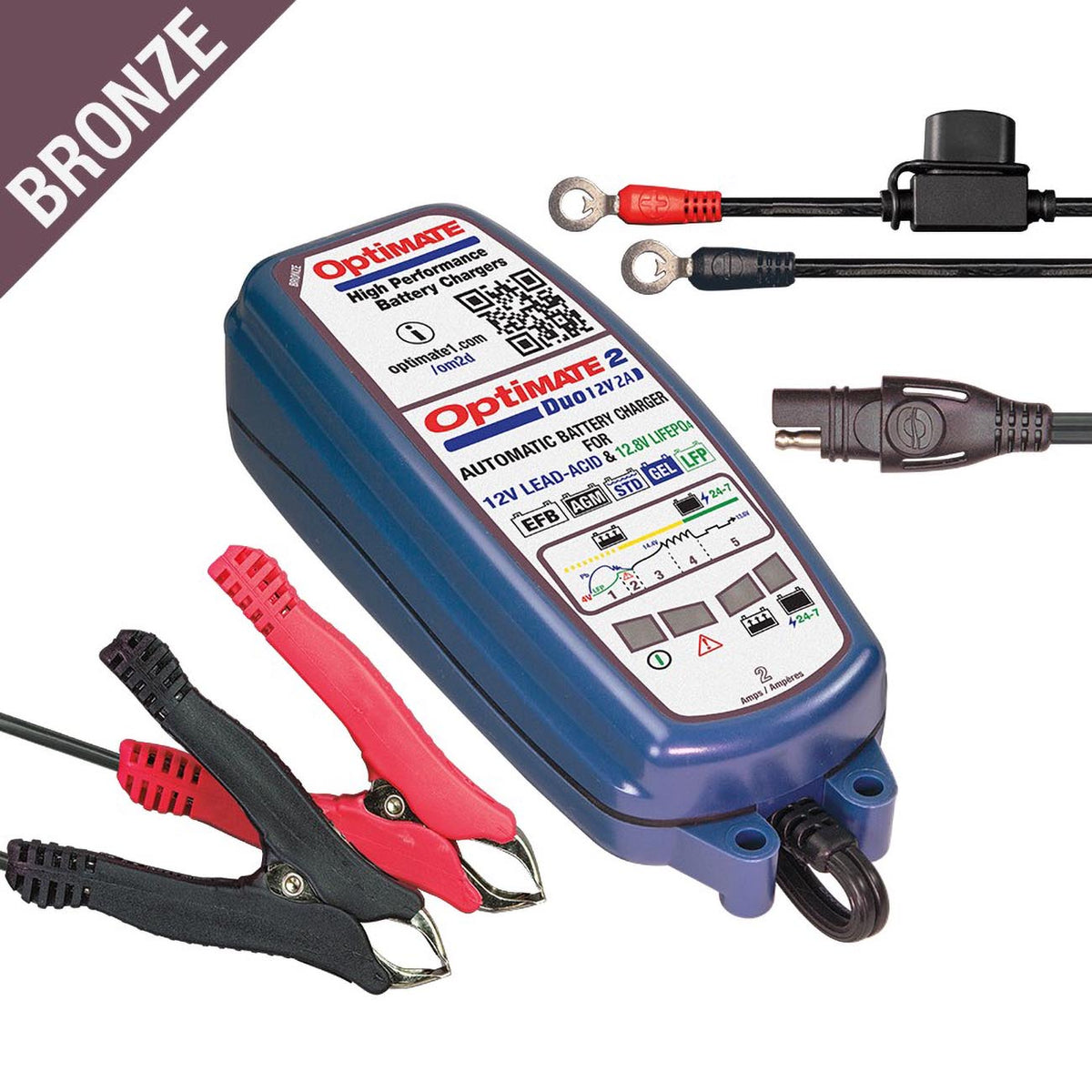 Tecmate Optimate 2 Duo, TM-551, Bronze Series: 5-Step 12V / 12.8V 2A Sealed Battery Charger & maintainer, Blue