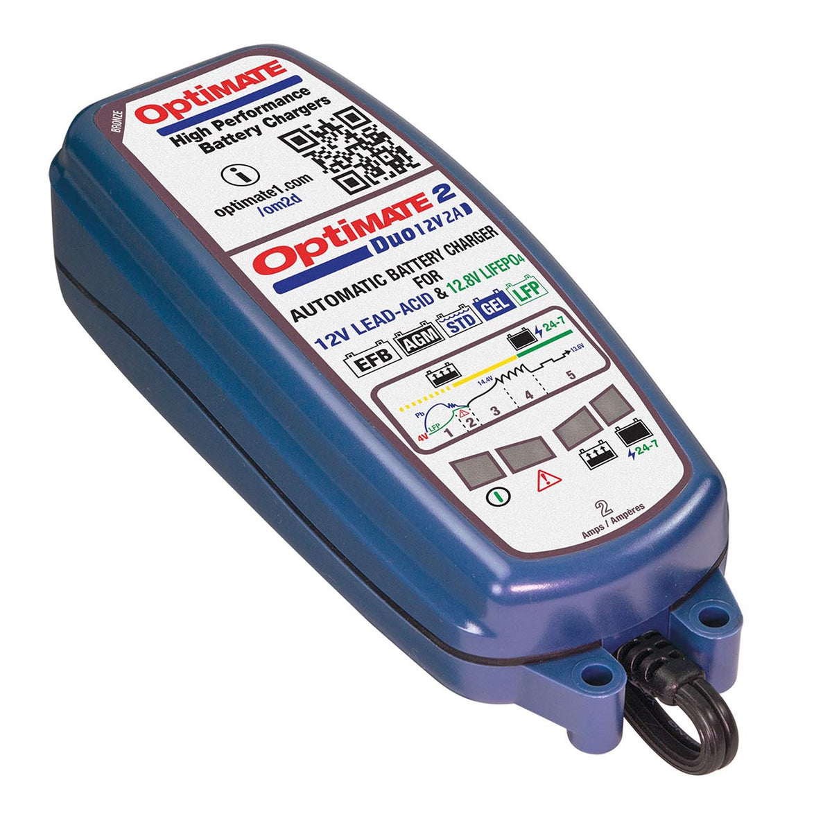 Tecmate Optimate 2 Duo, TM-551, Bronze Series: 5-Step 12V / 12.8V 2A Sealed Battery Charger & maintainer, Blue