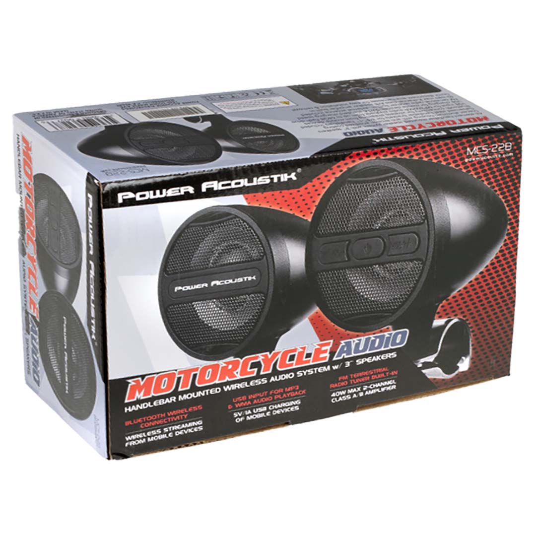 Power Acoustik MCS22B Motorcycle FM Tuner 3 BT Speaker System Black Finish