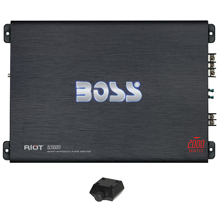 BOSS AUDIO R2000M Riot 2000-Watt Monoblock, Class A/B 2 to 8 Ohm Stable Monoblock Amplifier with Remote Subwoofer Level Control