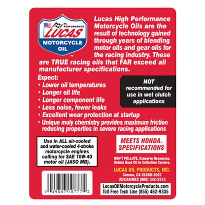 Lucas 10777 Oil Synthetic SAE 10W-40 Moly Motorcycle - 1 Quart