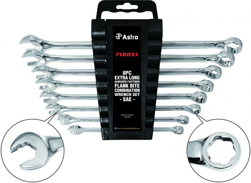 Astro 7180XL 8 Piece SAE Long Damaged Fastener Flank Bite Combination Wrenchs