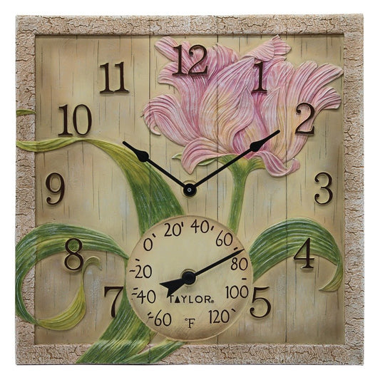 Taylor Precision Prod. 92691T 14"x 14" Beachwood Flower Clock w/Thermometer