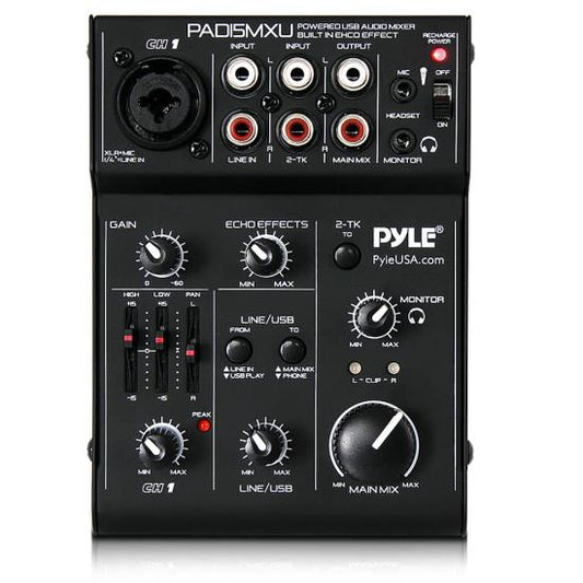 Pyle PAD15MXU 3-Channel USB Audio/Sound Mixer Recording Interface w/Battery