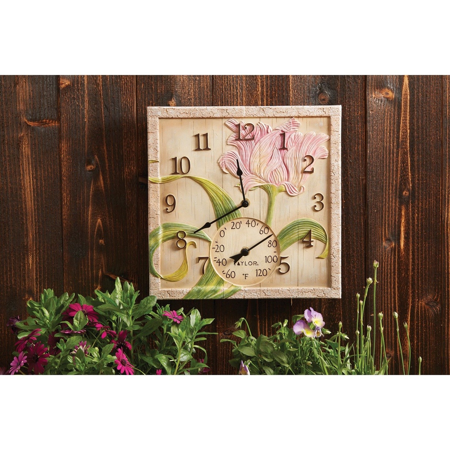 Taylor Precision Prod. 92691T 14"x 14" Beachwood Flower Clock w/Thermometer