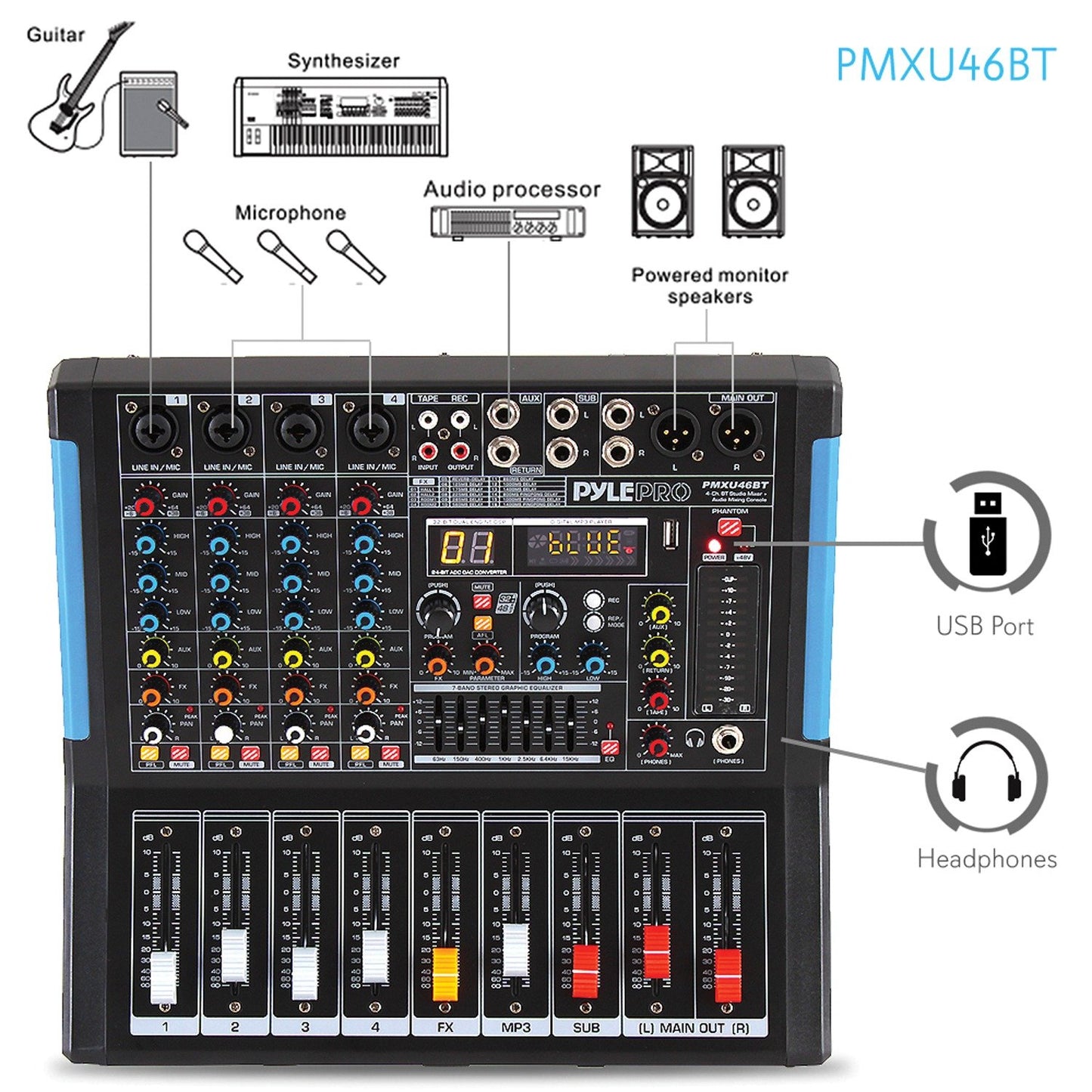 Pyle PMXU46BT 4-Channel Bluetooth Studio Pro Audio DJ Mixer