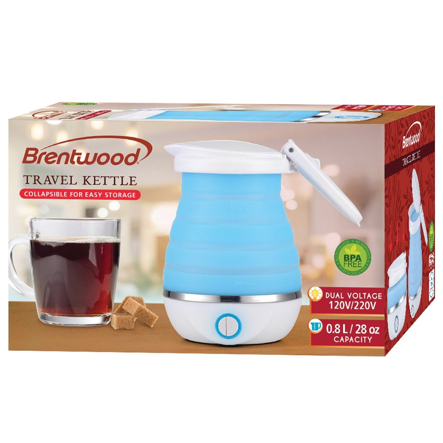 Brentwood Appl. KT-1508BL .85Q Dual-Voltage Collapsible Travel Kettle (Blue)