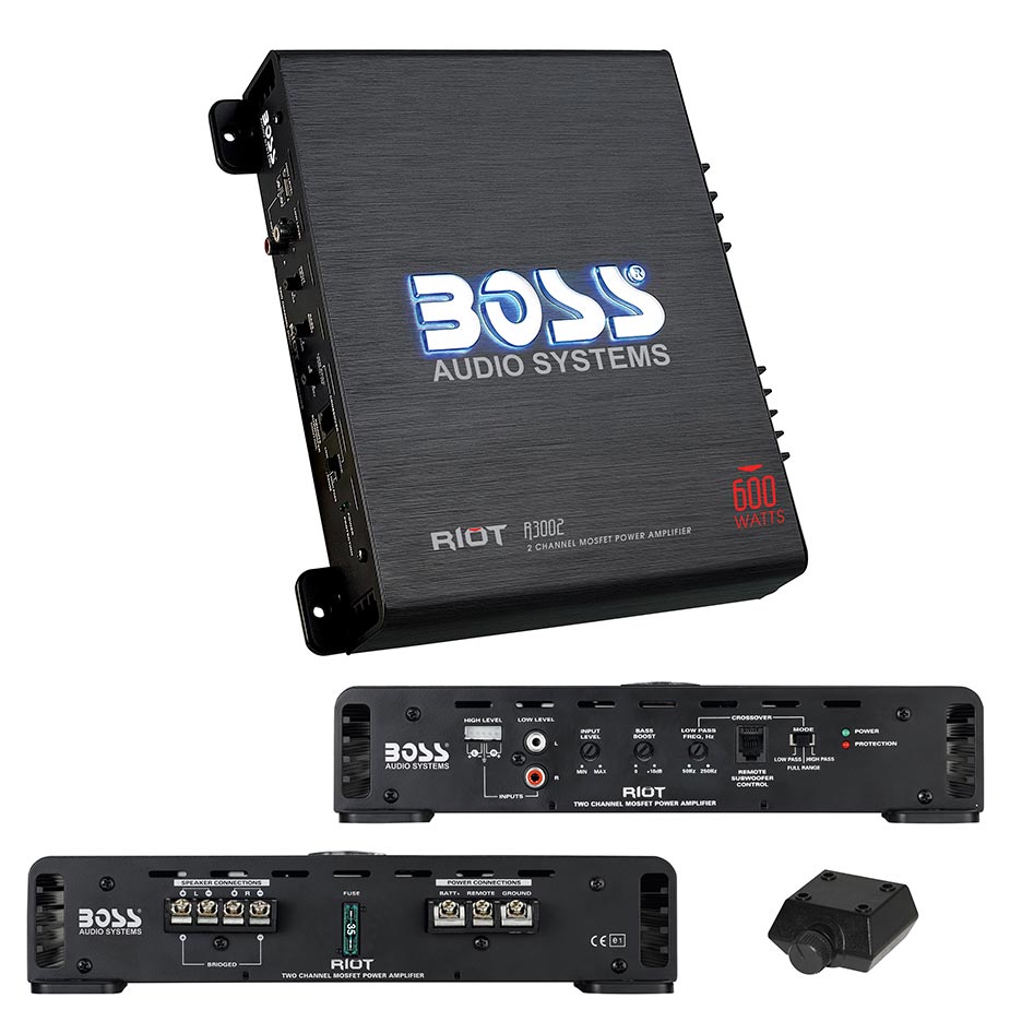 BOSS AUDIO R3002 Riot 600-Watt Full Range, Class A/B 2 to 8 Ohm Stable 2 Channel Amplifier with Remote Subwoofer Level Control