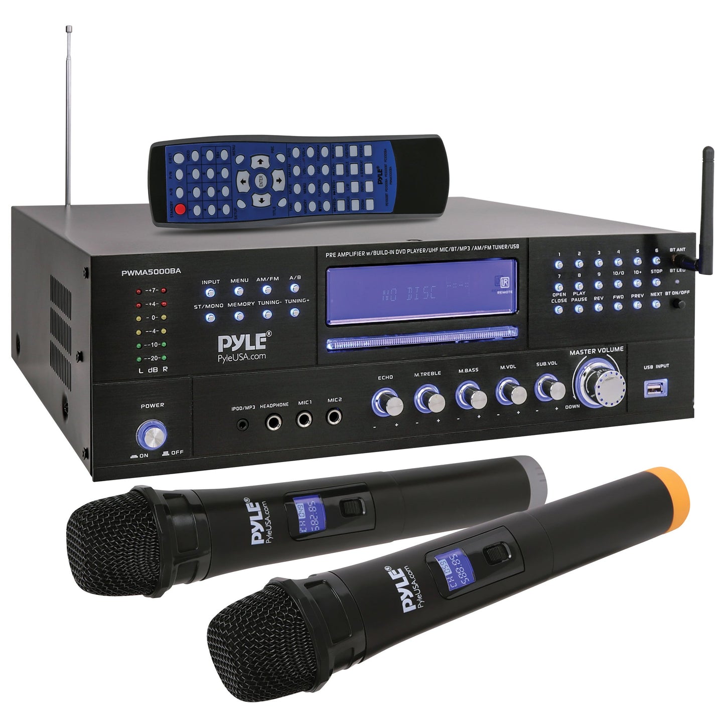 PYLE PWMA5000BA 4Ch 3000W Rack Home Theater Preamp Receiver w/BT & 2 UHF Mics