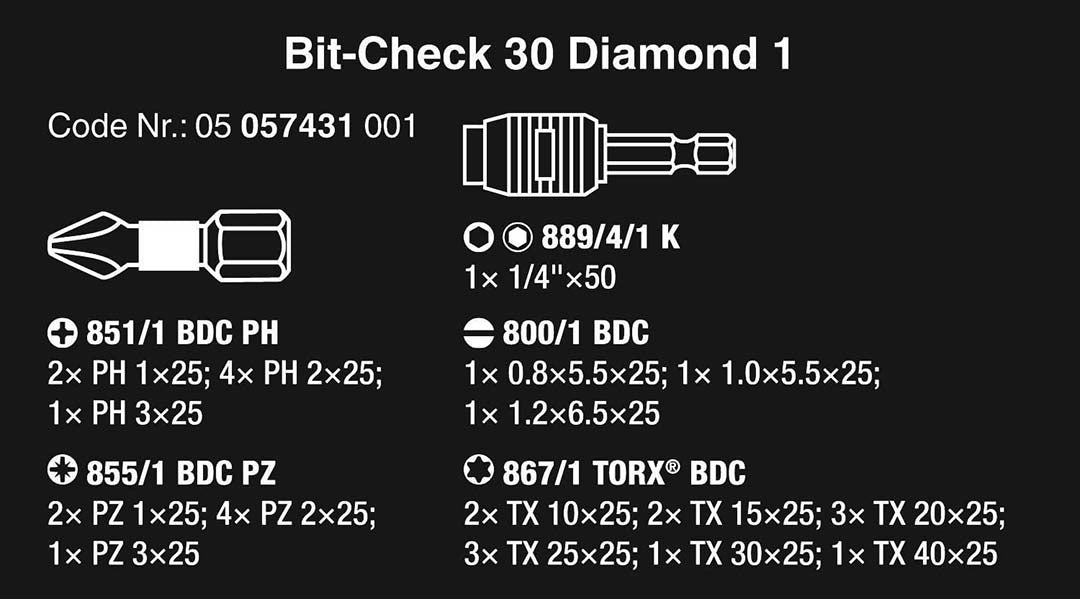 05057431001 Wera Bit-Check 30 Diamond Coated Tips (30-Piece Set)