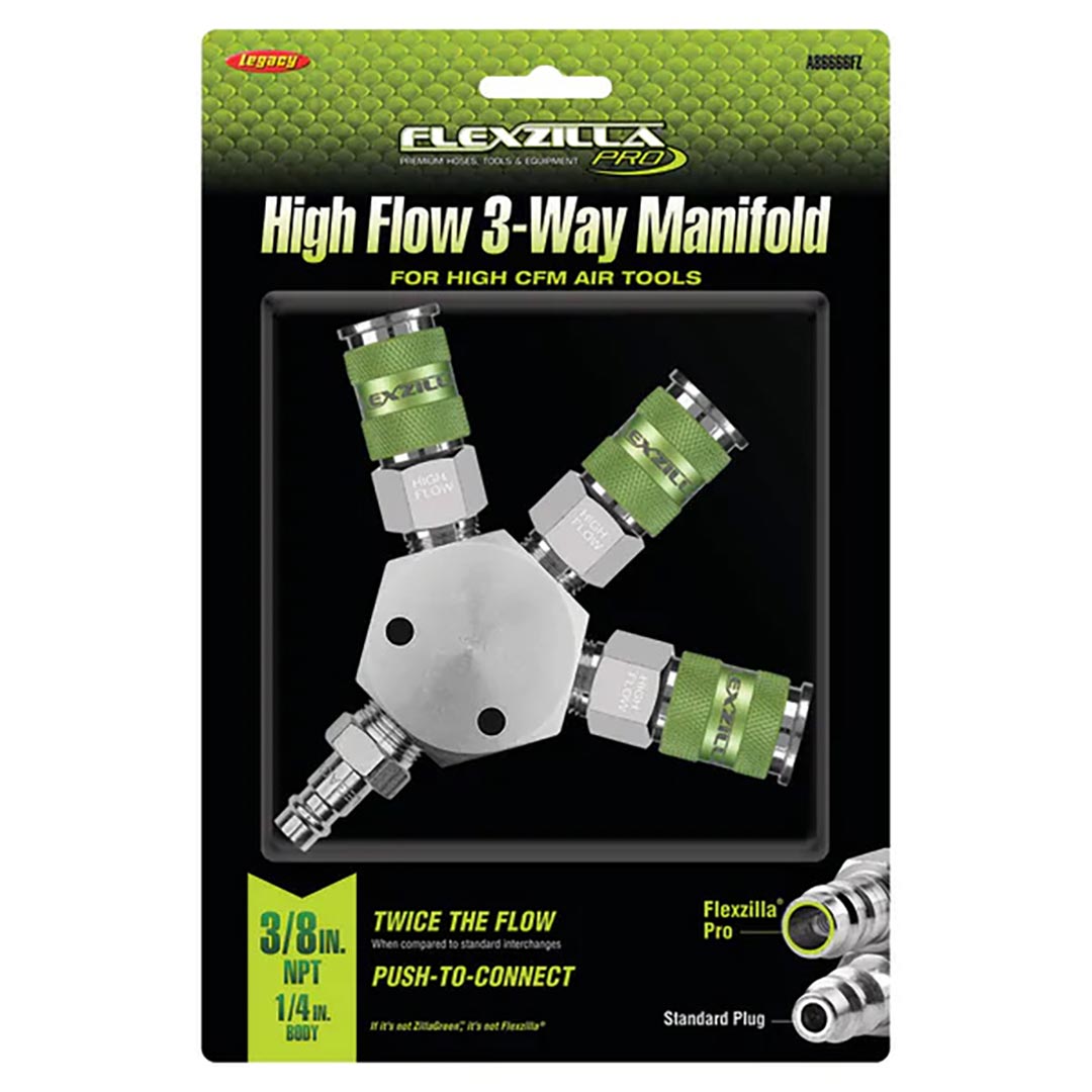 Flexzilla A86666FZ Pro High Flow 3-Way Manifold 3/8" NPT Couplers & Plug