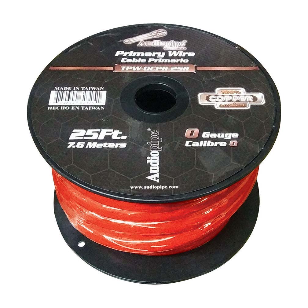 Audiopipe 0 Gauge 100% Copper Series Power Wire - 25 Foot Roll - Red PVC outer-jacket