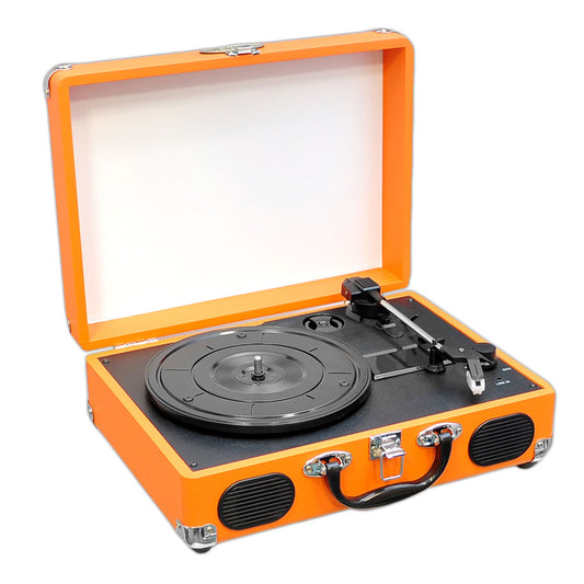 Pyle PVTT2UOR Retro Belt-Drive Turntable With USB-to-PC Connection, Rechargeable Battery (Orange Color)