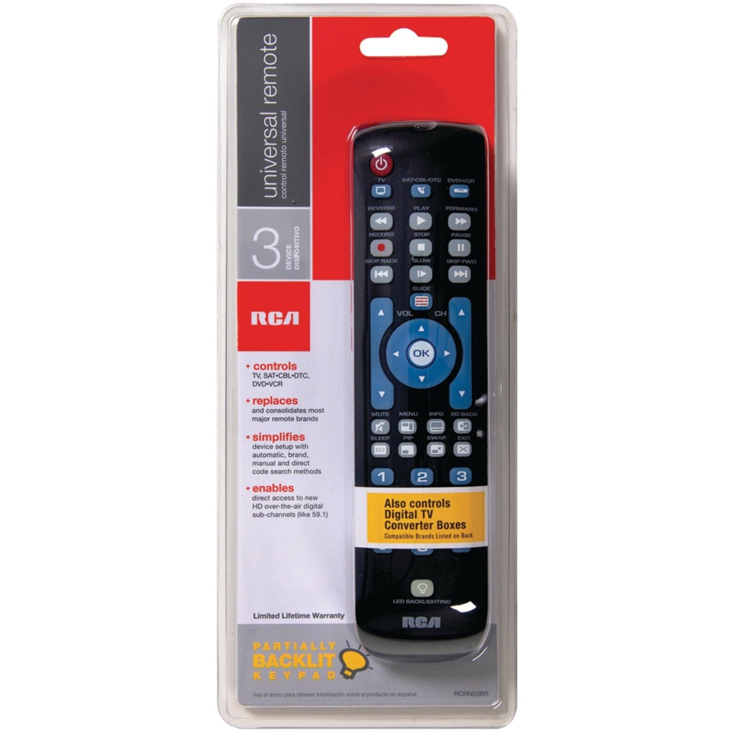 RCA RCRN03BR 3 Device Universal Remote w/Backlit Buttons