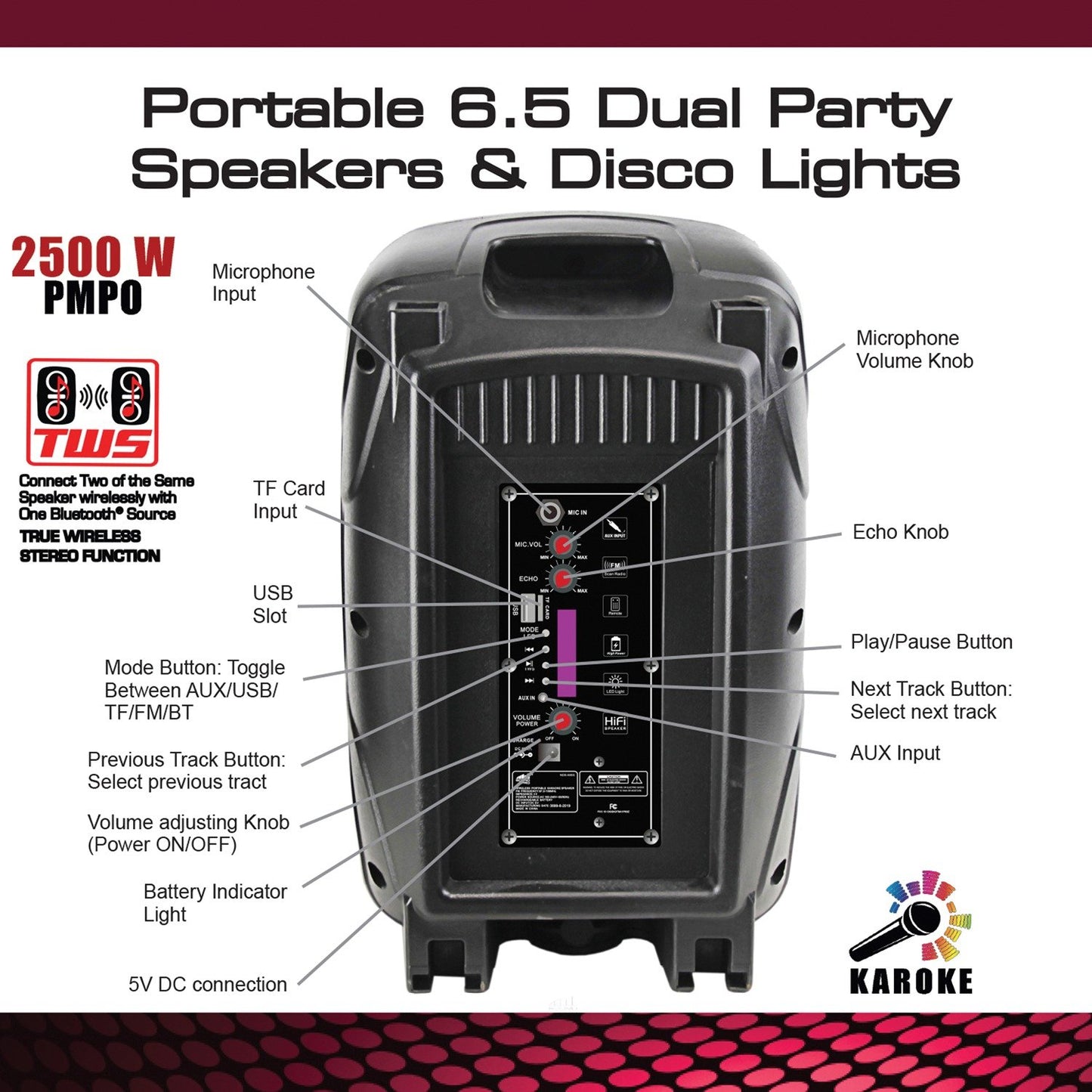 Naxa NDS-6005 Portable 6.5" Dual Party Speakers and Disco Light