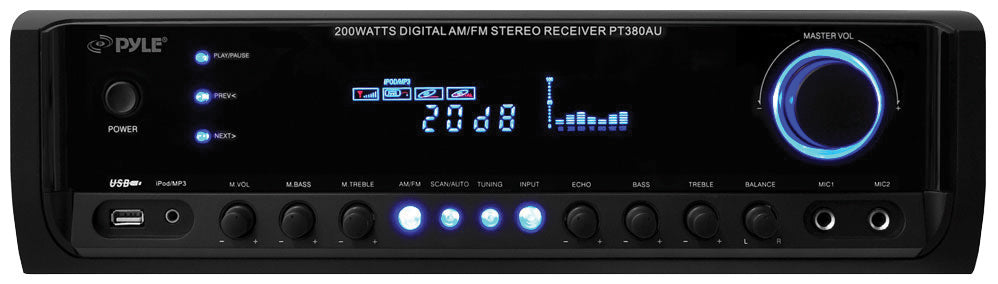 Pyle PT380AU 200 Watt Stereo Receiver, Aux (3.5mm) Input, MP3/USB/AM/FM Radio, (2) Mic Inputs