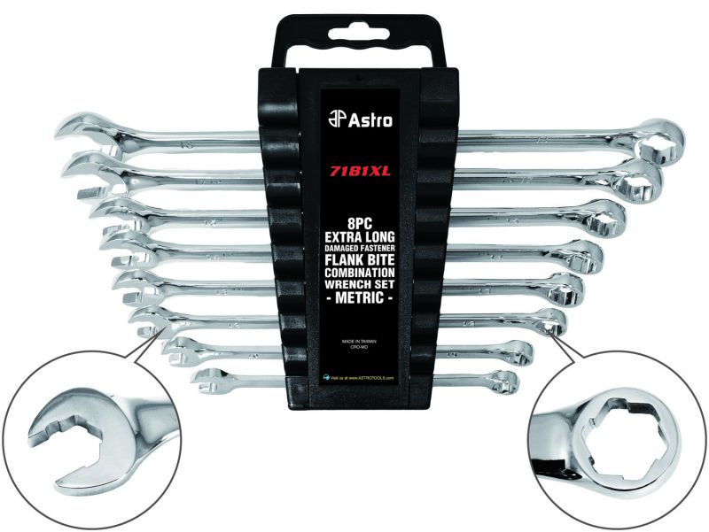Astro 7181XL 8 Piece Metric Long Damaged Fastener Flank Bite Combination Wrenchs