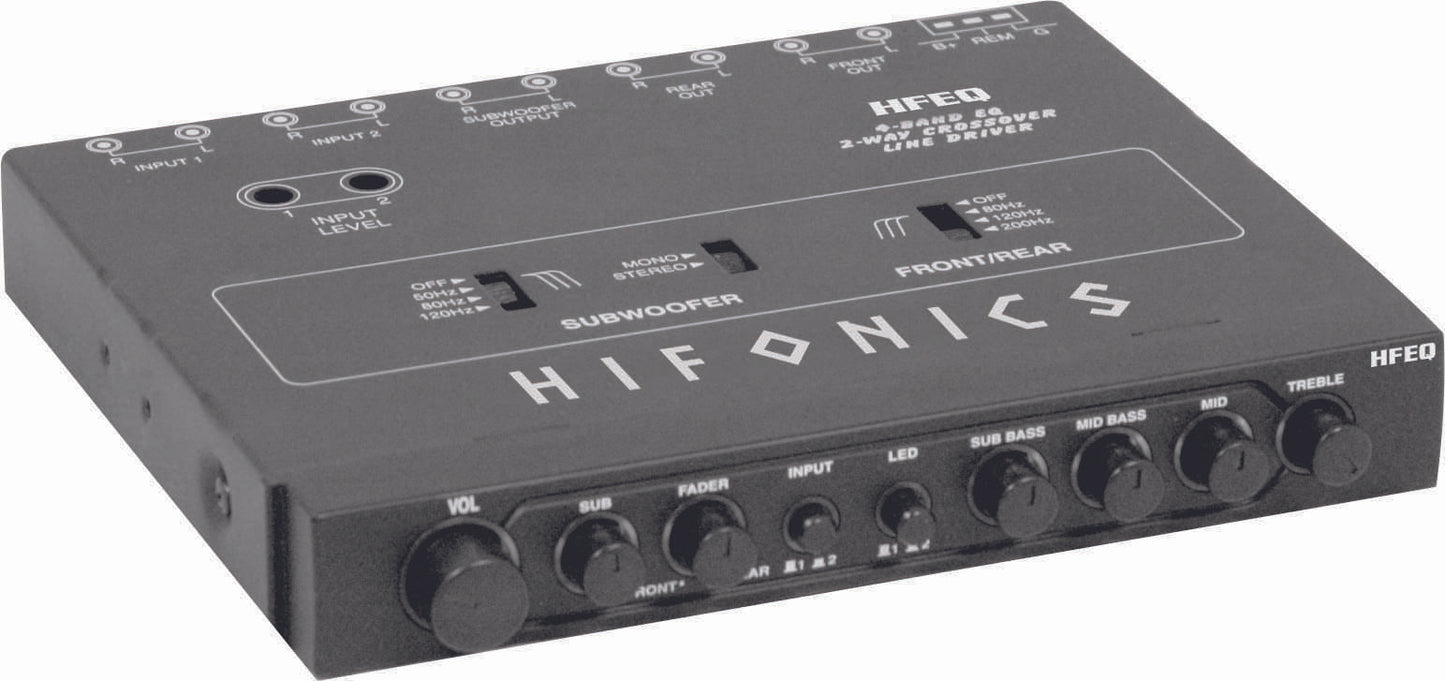 Hifonics HFEQ Equalizer/Crossover 1/2 Din; 4Band Eq; 2-Way Xover