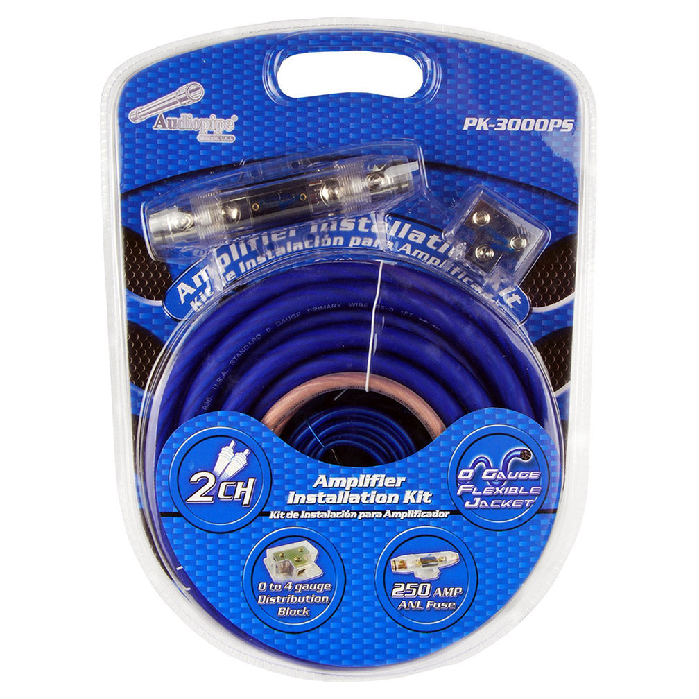 Audiopipe PK3000PS 0 Gauge Amplfiier Kit include 17ft RCA Blue&Silver Power Wire ANL Fuse