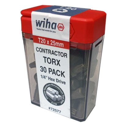 Wiha 72577 Torx Insert Bit T20 x 25mm - Contractor 30 Pack