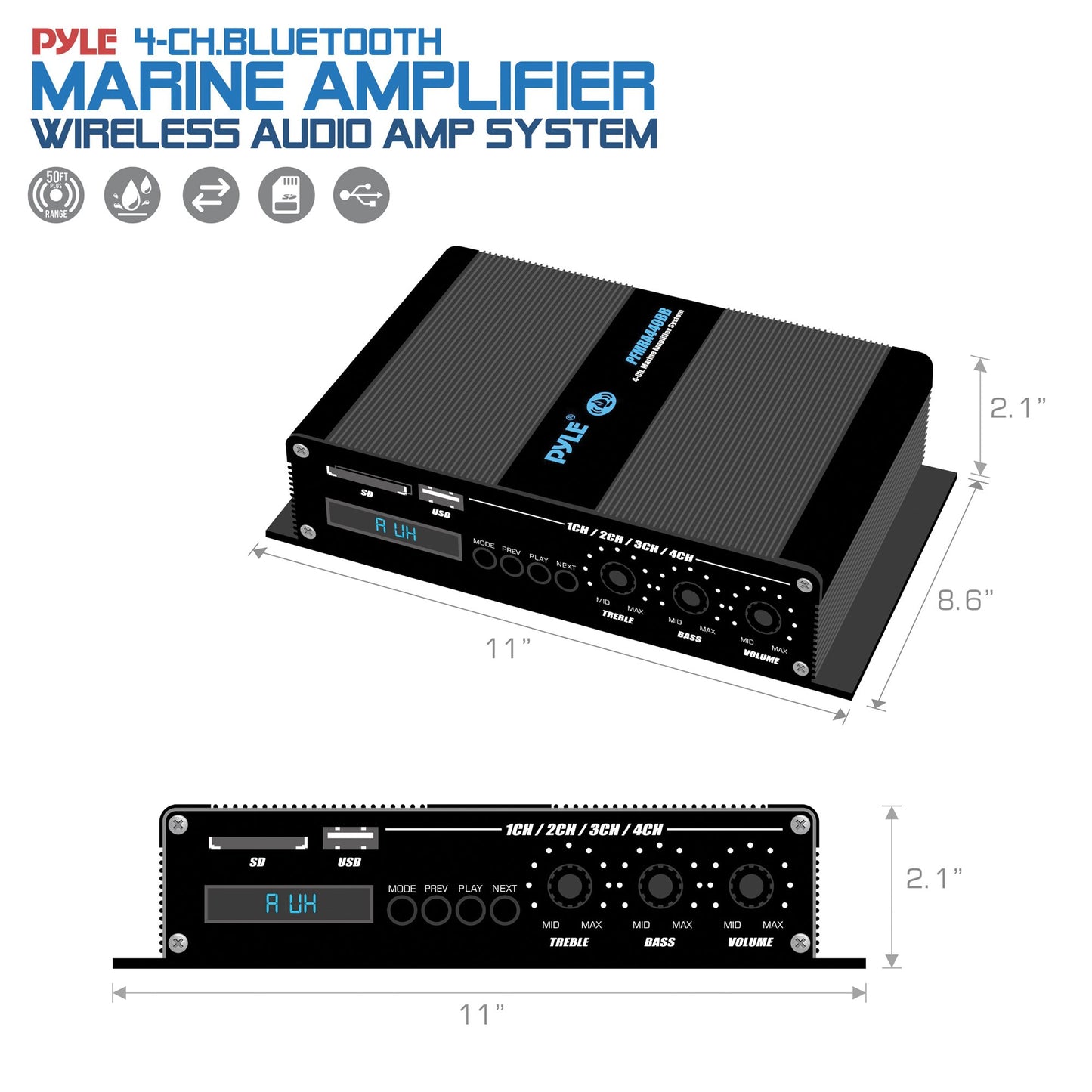 PYLE PFMRA440BB 400W 4Ch Marine Class D Amplifier w/BT & Remote Gain Control
