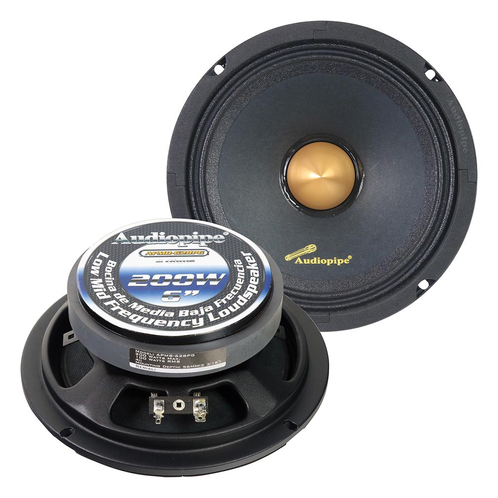 Audiopipe APMB628PG Low Mid Frequency Loudspeaker 6" 200W Max Each - Gold Bullet Dust Cap