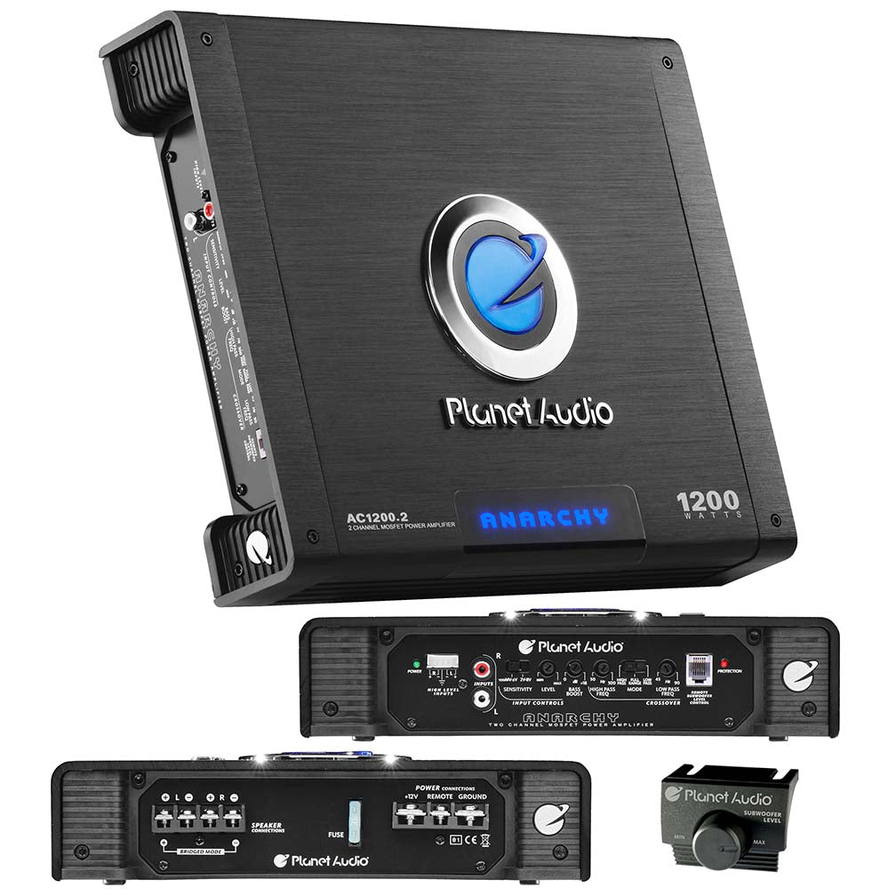 Planet Audio AC1200.2 ANARCHY 1200-Watt Full Range Class A/B 2 to 8 Ohm Stable 2 Channel Amplifier with Remote Subwoofer Level Control