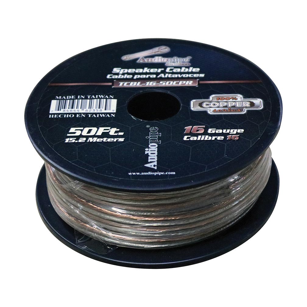 Audiopipe 16 Gauge 100% Copper Series Speaker Wire - 50 Foot Roll - Clear PVC Jacket