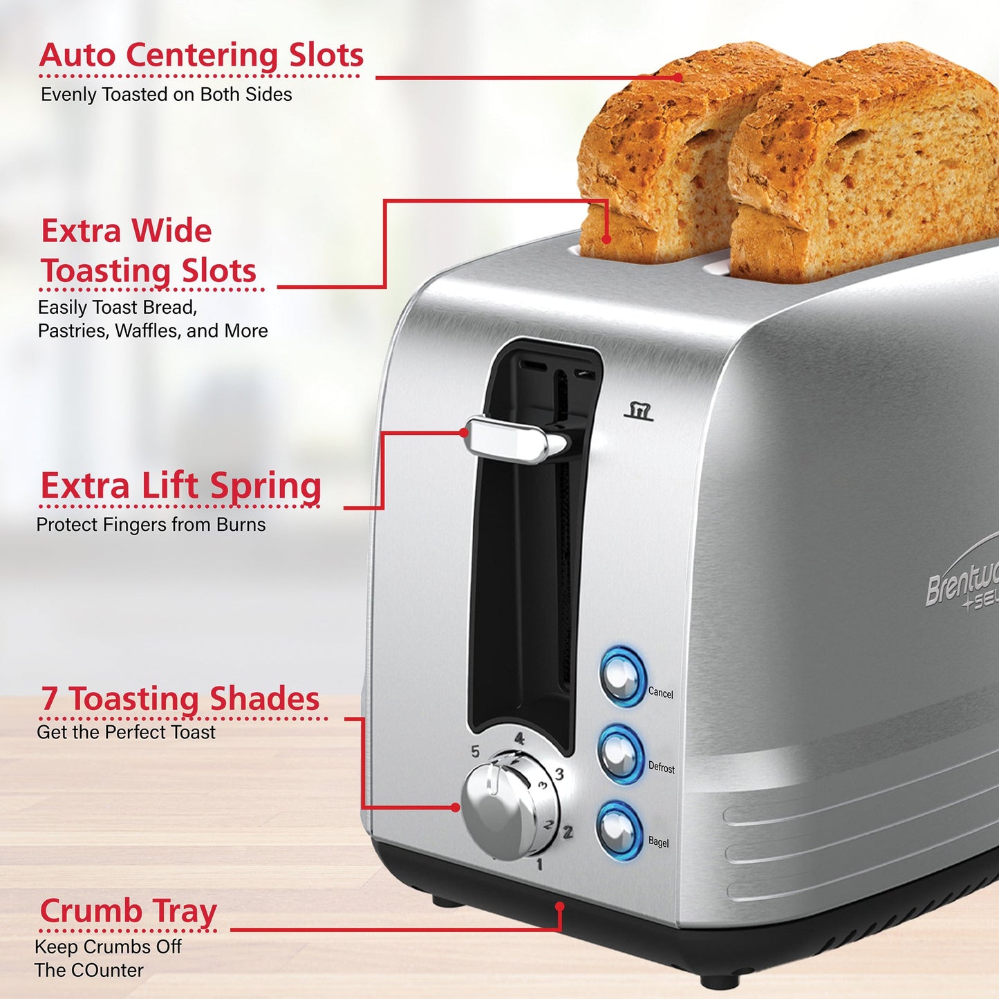 Brentwood Appliances TS-227S 850W Extra-Wide Slot 2-Slice S-Steel Toaster