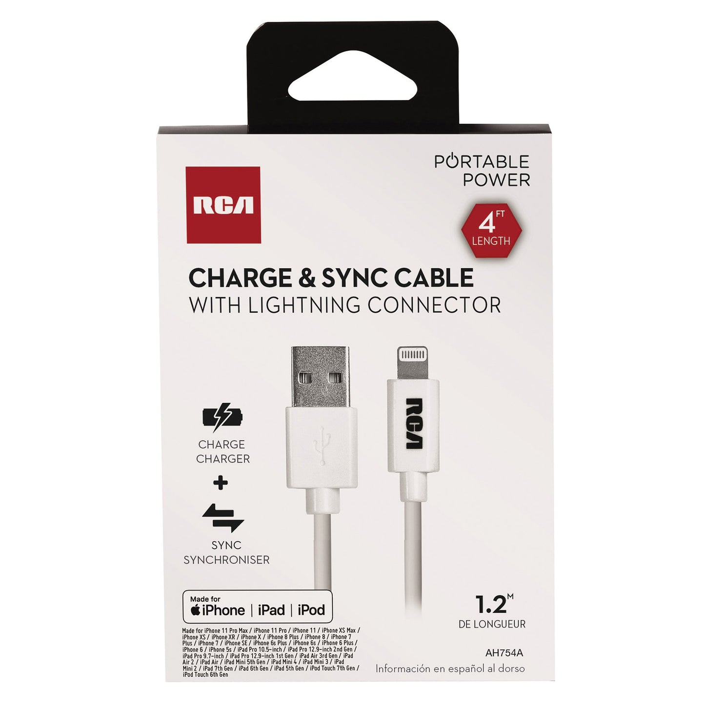 RCA AH754A Charge and Sync Lightning® to USB-C™ Cable, 4 Feet