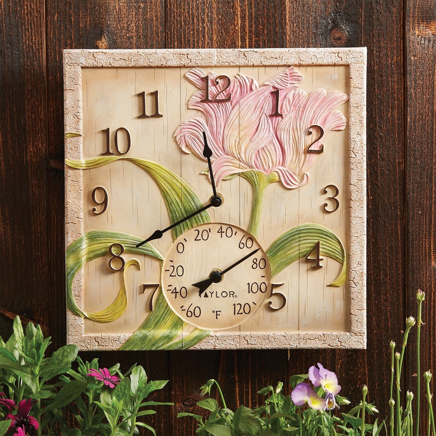 Taylor Precision Prod. 92691T 14"x 14" Beachwood Flower Clock w/Thermometer