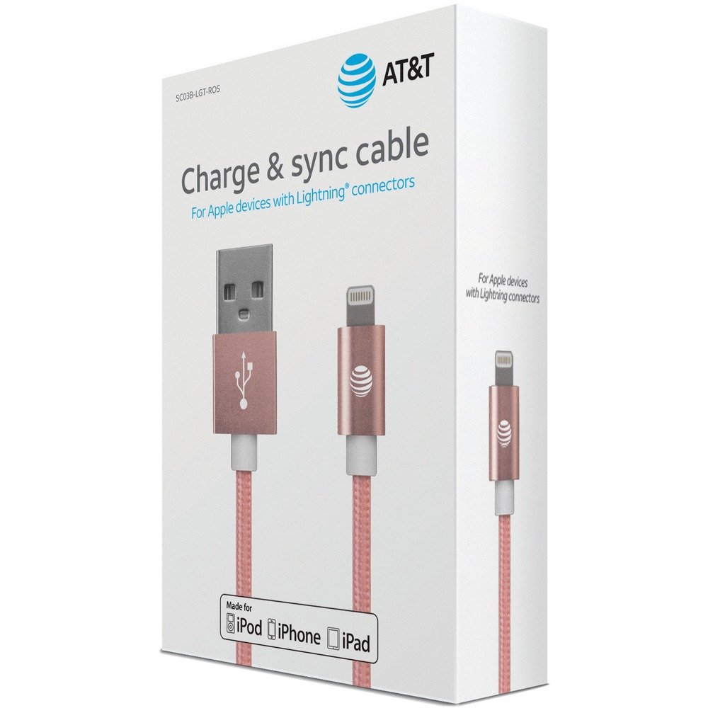 AT&T SC03B-LGT-ROS Charge & Sync Braided USB to Lightning Cable, 4ft (Pink)