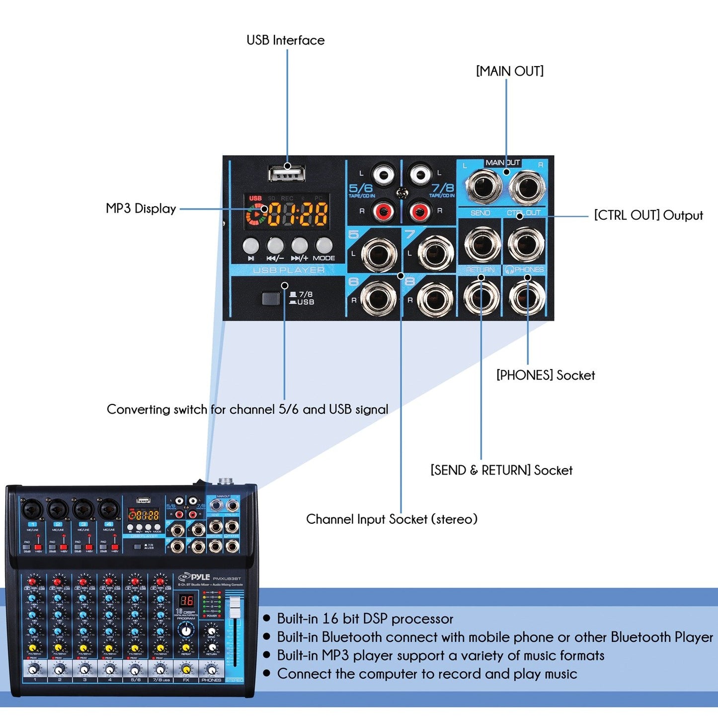 Pyle PMXU83BT 8-Channel Bluetooth Studio Audio Mixer