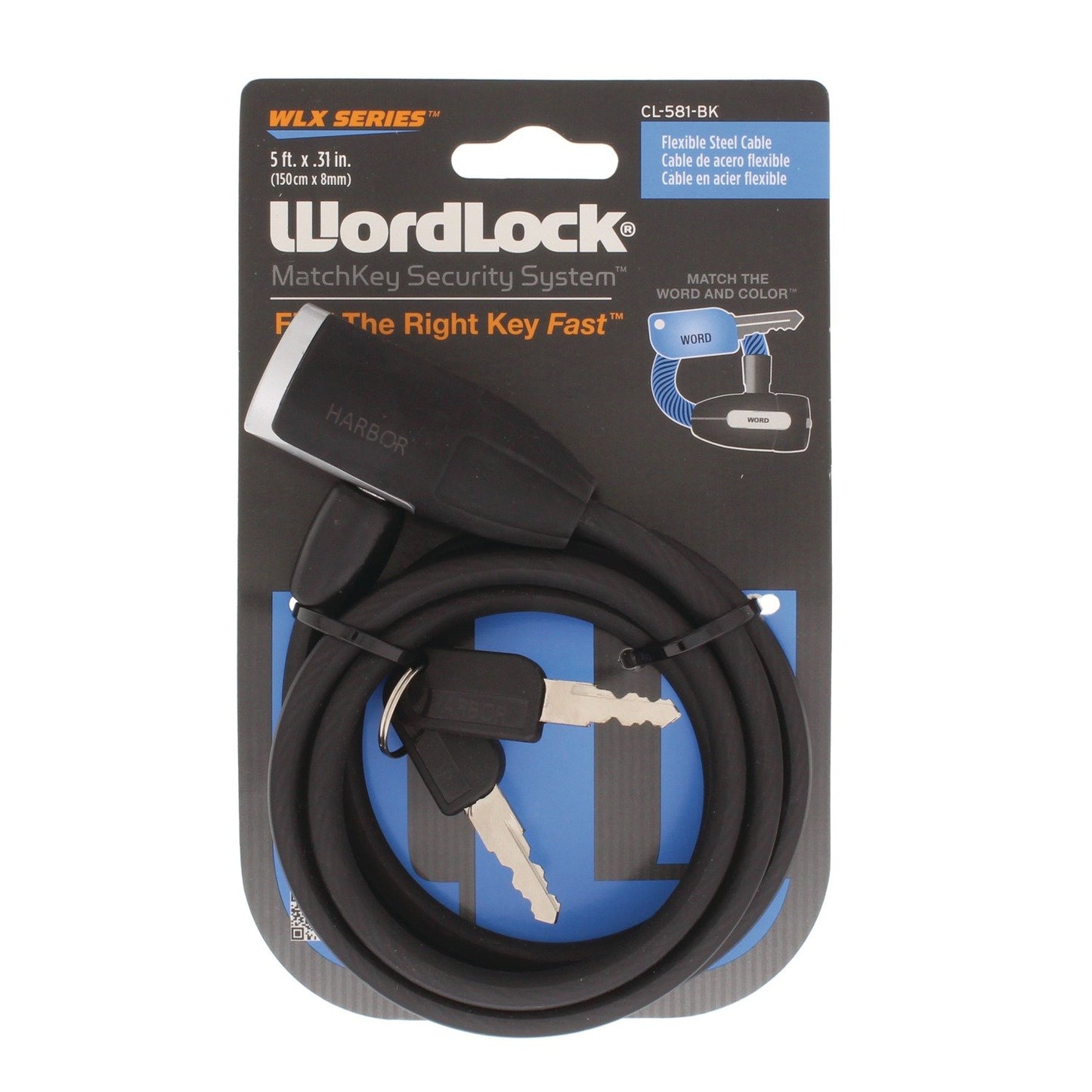Wordlock CL581BK WLX Series 8mm Matchkey Cable Lock (Black)