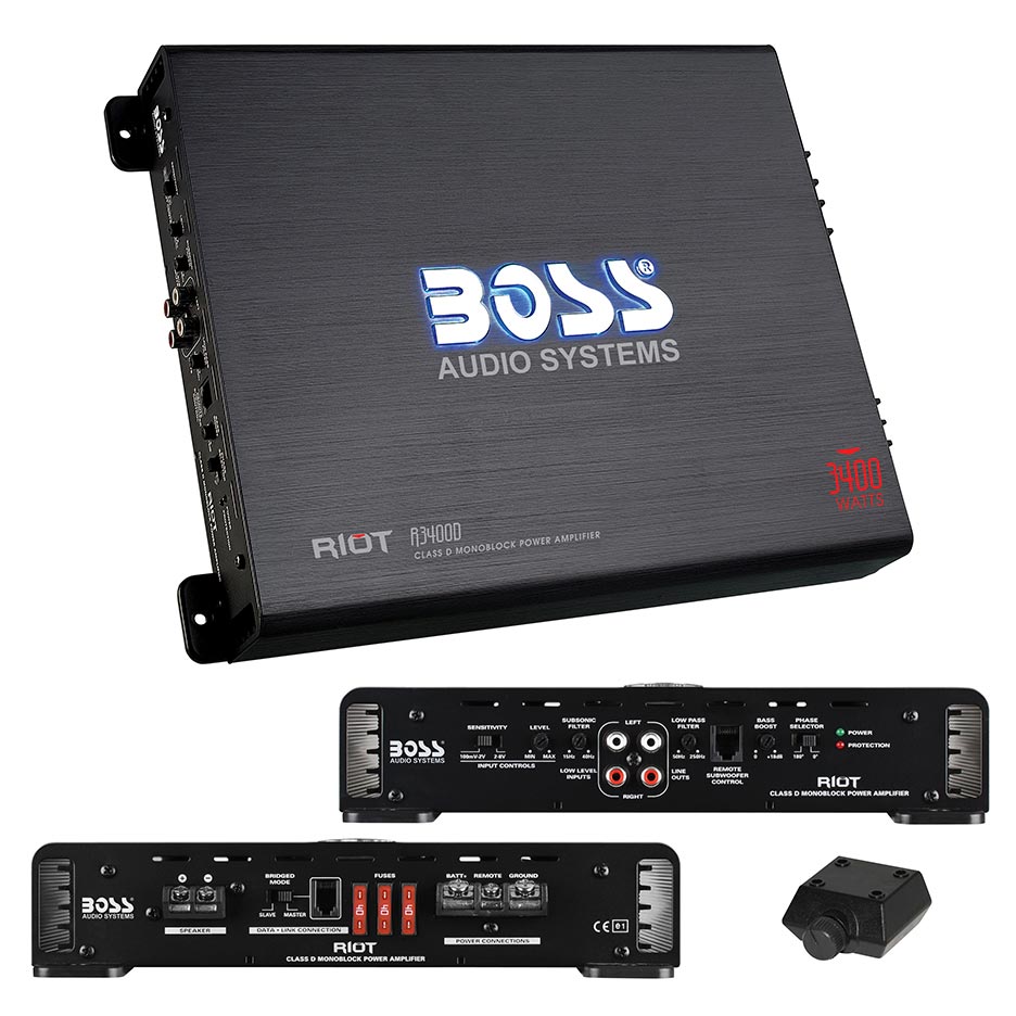 BOSS AUDIO R3400D Riot 3400-Watt Monoblock, Class D 1 to 8 Ohm Stable Monoblock Amplifier with Remote Subwoofer Level Control